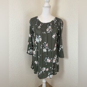 J.Jill Top Womens Sz Small GREEN Floral Smocked TWO WAY A-Line‎ Tunic